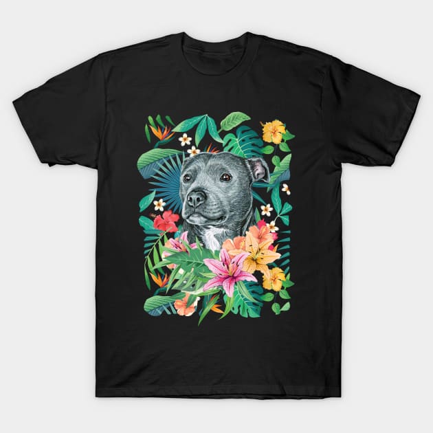 Tropical Black Pit Bull Pitbull T-Shirt by LulululuPainting